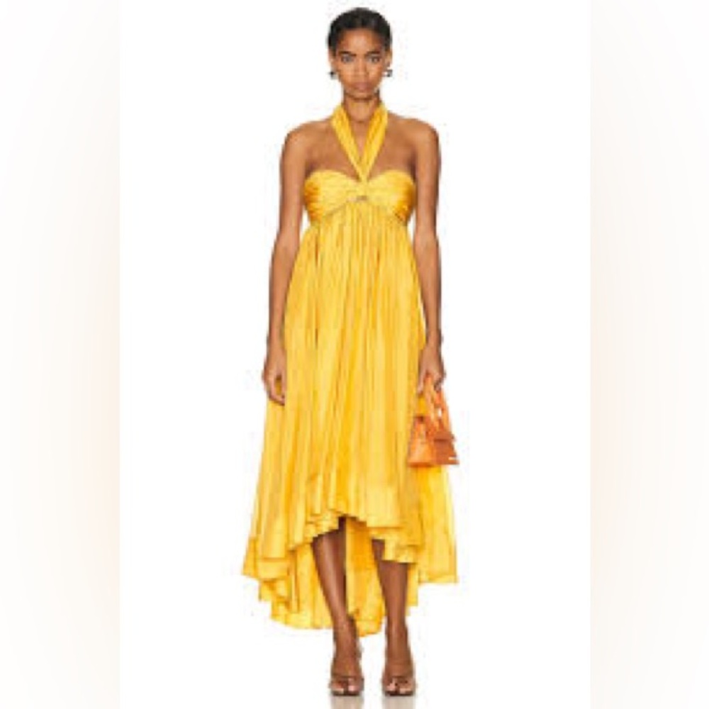 Zimmermann Devi Silk Halter High-Low Dress in Mustard